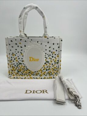 Medium White & Yellow Floral Book Tote and Green Accents with Straps